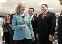 Secretary of State Clinton with Venezuelan President Chavez in Brazil.