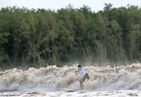 Surfing a Pororoca tidal bore wave in the hinterlands of the Amazon jungle.