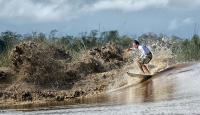 Pororoca wave explodes along a muddy shoreline of the Amazon rainforest.